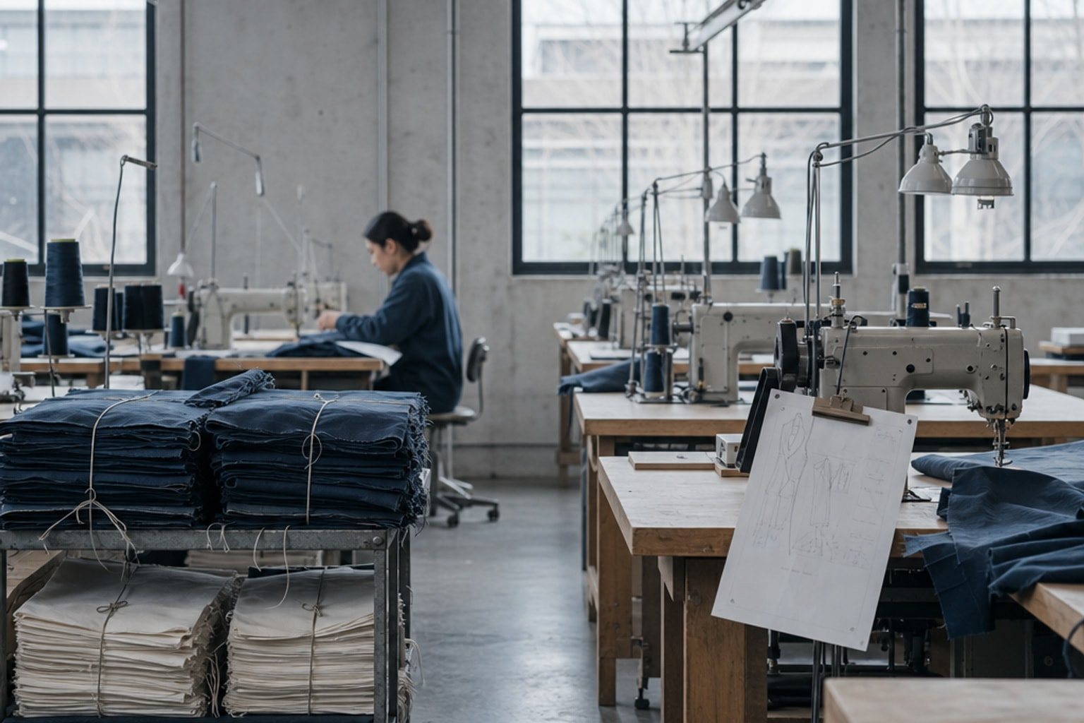 A garment factory floor in daylight: bundles of cut indigo and white fabric tied with string, rows of sewing machines, a machinist at work and a tech pack sheet clipped at one station.