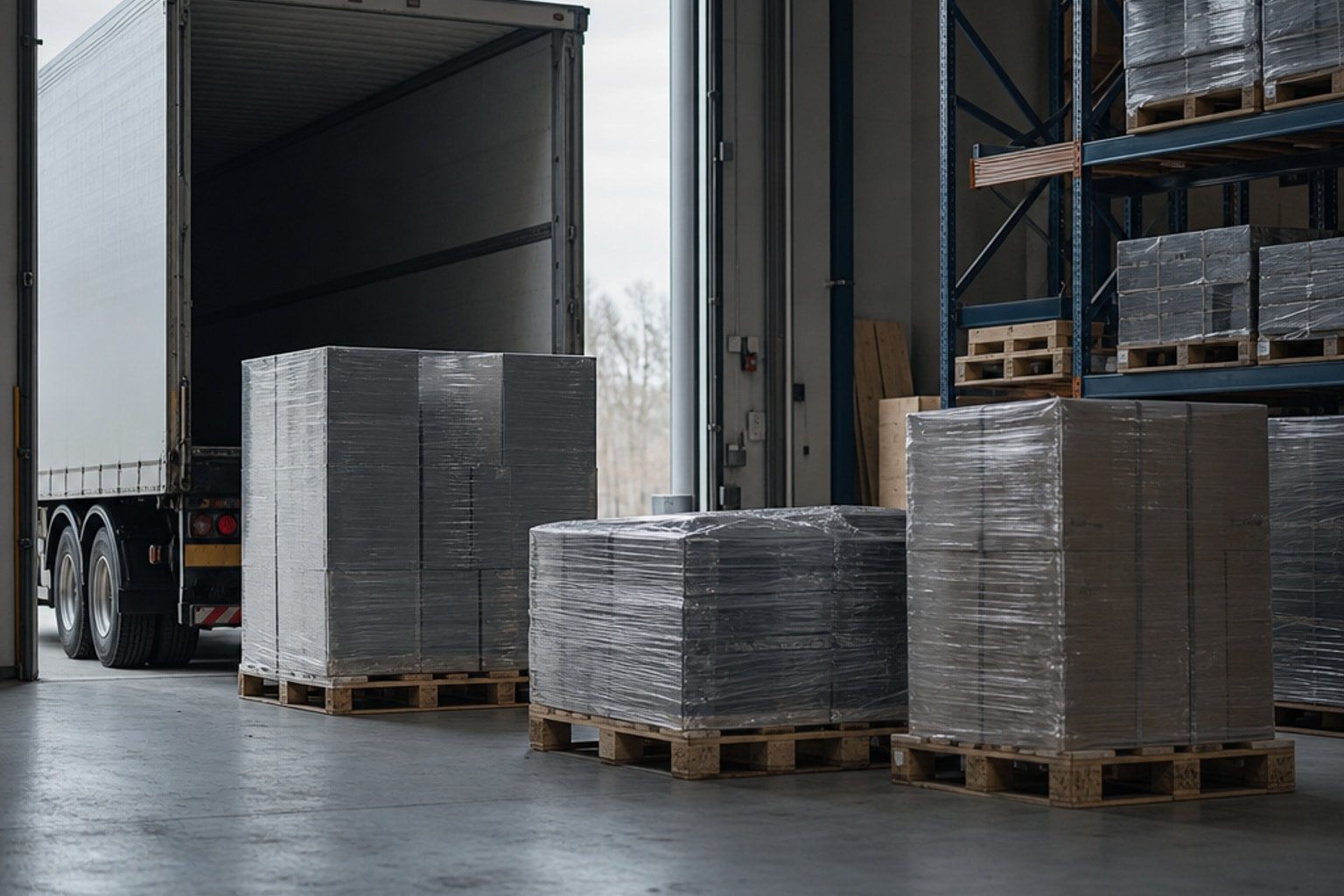 A warehouse loading dock in daylight: a trailer backed up to an open door, stretch-wrapped pallets on the floor and high racking.
