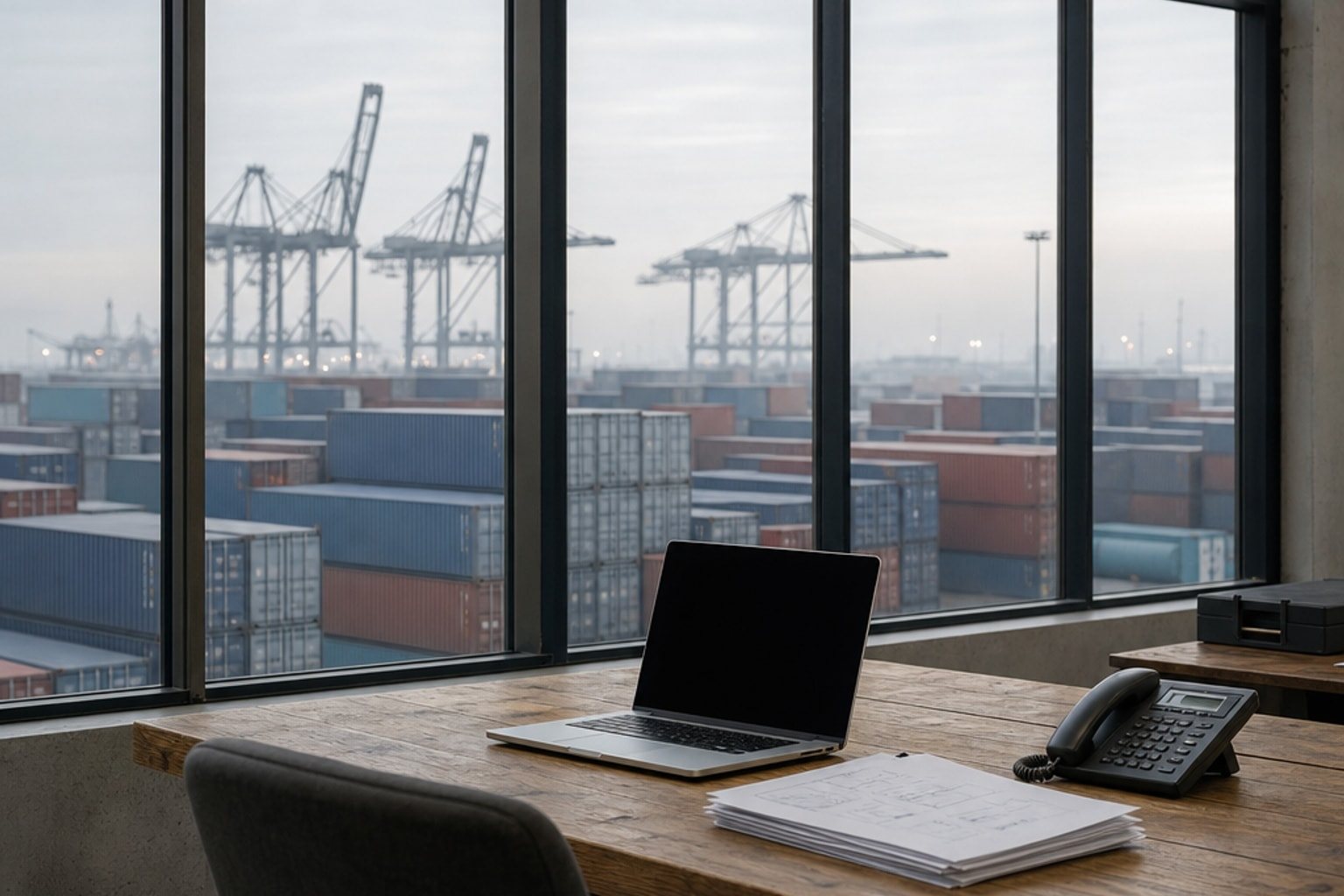 A forwarder’s desk by a tall window over a container port: a laptop, a stack of shipping documents and a desk phone, with cranes in the haze.