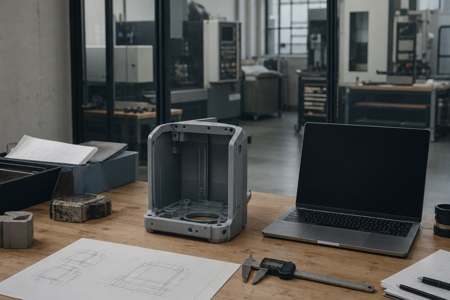 An engineering room beside a machine shop: a grey moulded housing, digital calipers and a printed drawing on a wooden desk, with CNC machines behind a glass wall.