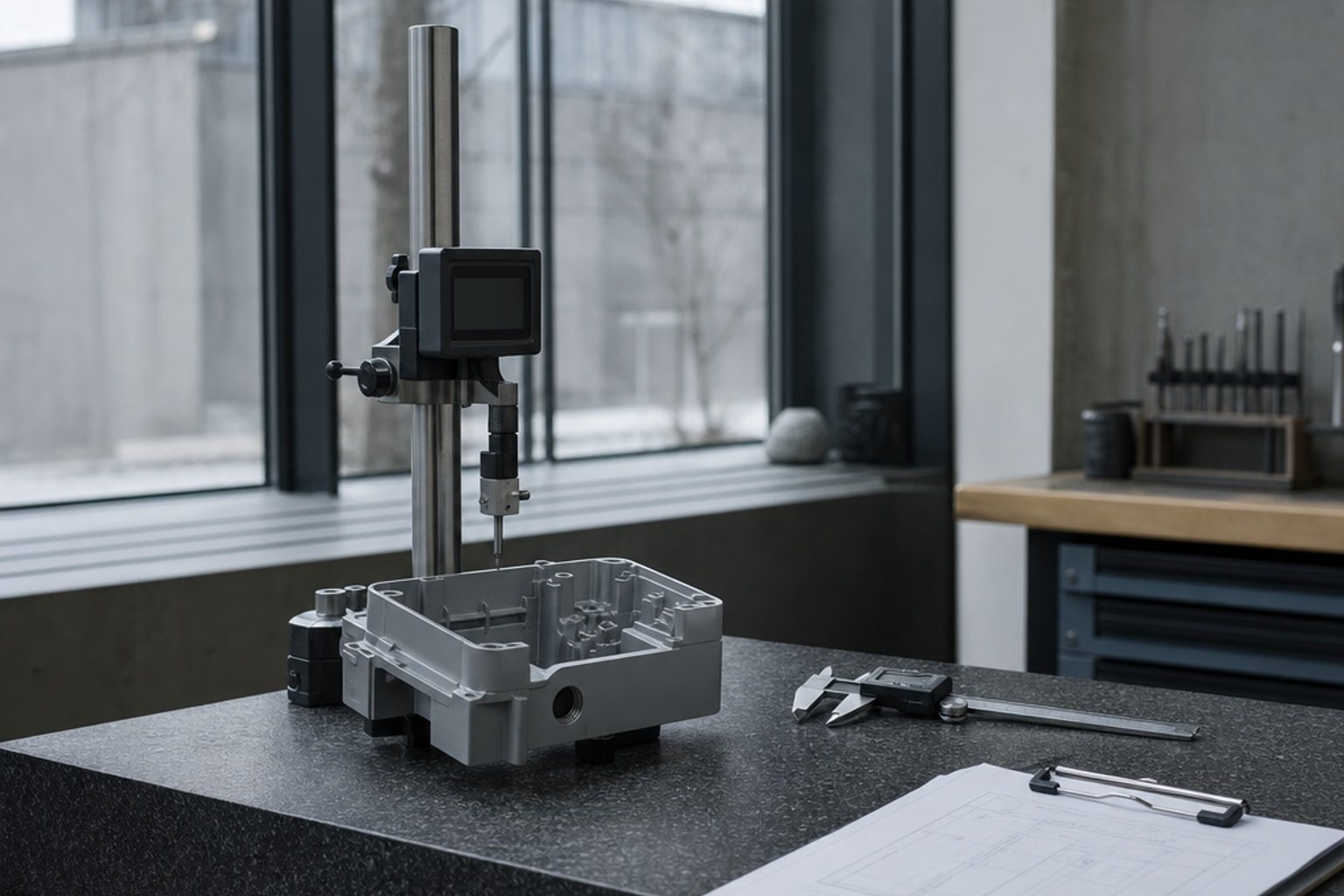 An inspection bench: a moulded housing under a height gauge on a granite plate, with calipers and a clipboard.