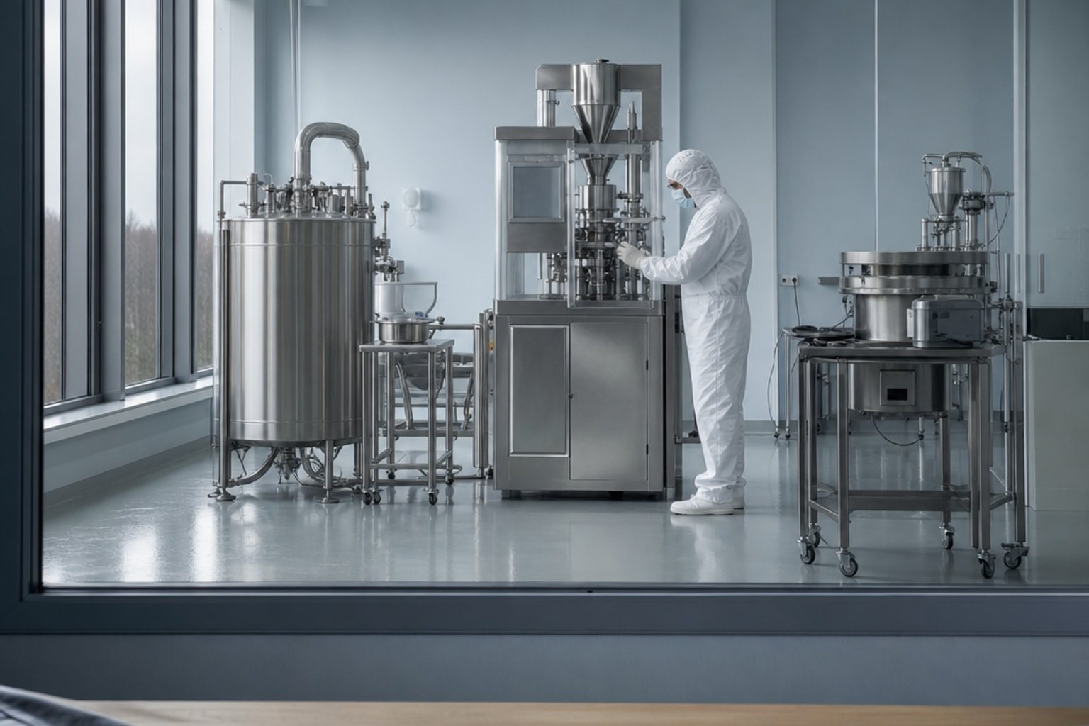 A pharmaceutical manufacturing suite seen through a window: a stainless tablet press and process vessels, and an operator in a cleanroom suit.