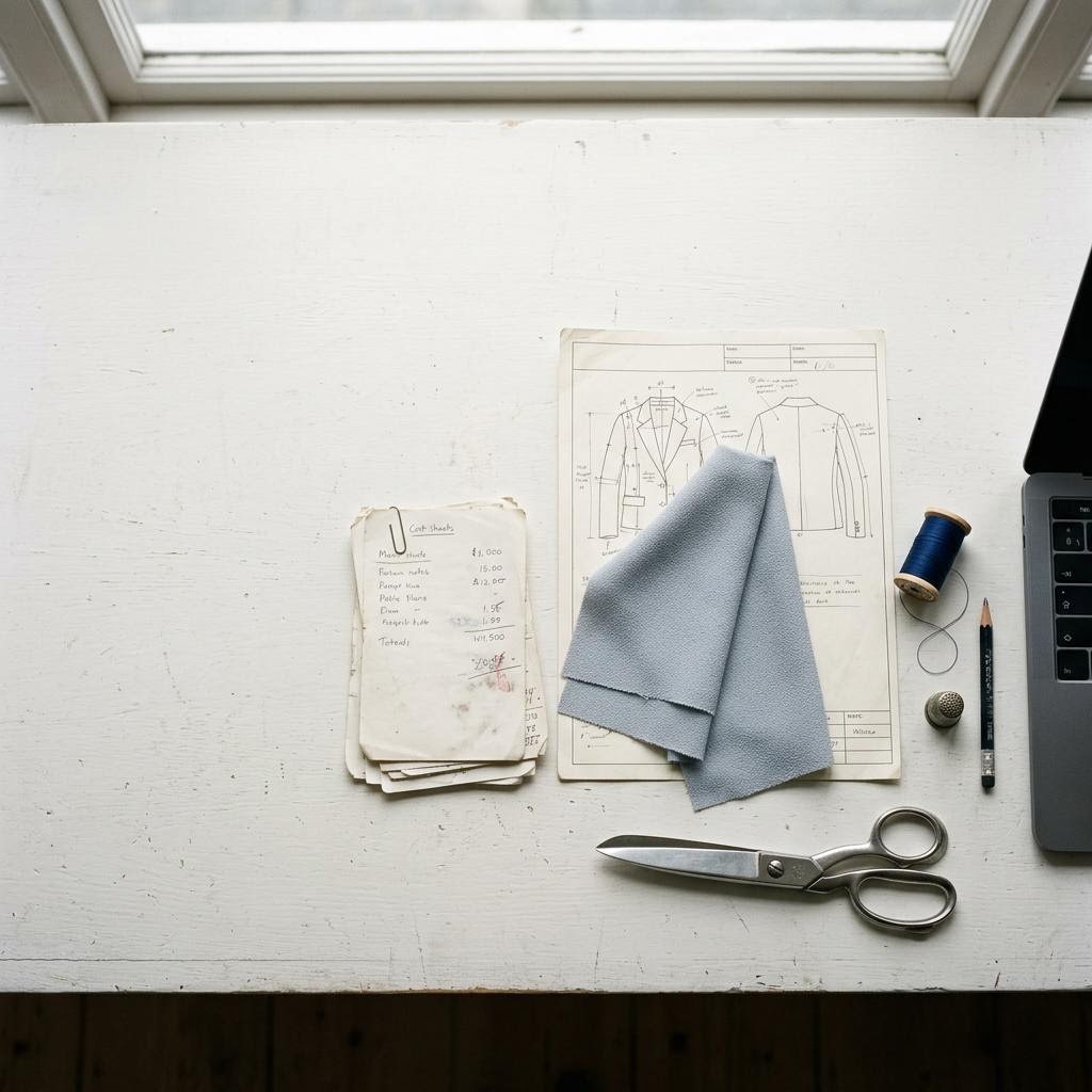 From above: a jacket tech pack, a fabric swatch, handwritten cost sheets and scissors on a white worktable.