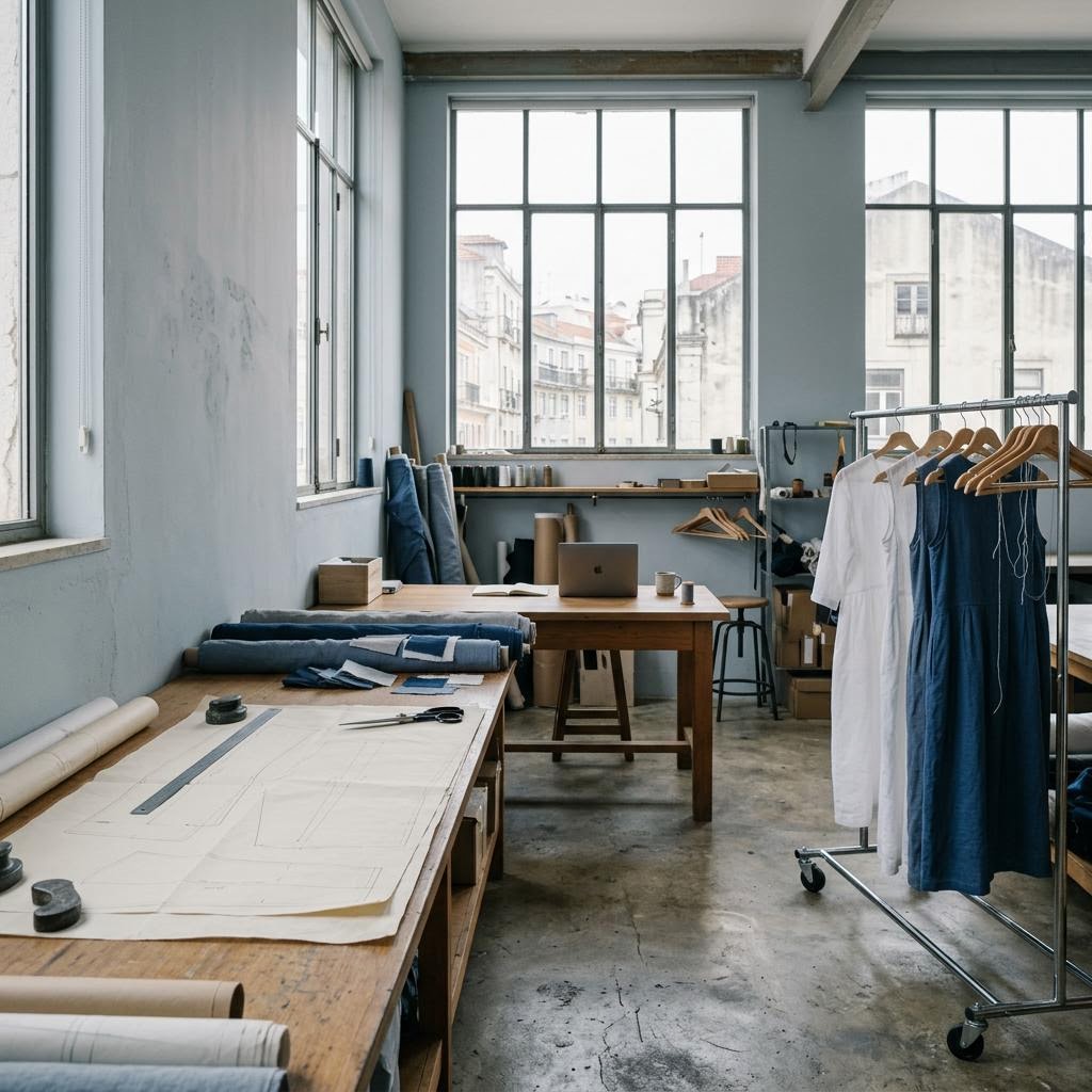 An empty atelier in daylight: a rail of white and indigo dresses, fabric rolls on a cutting table and a laptop by the window.